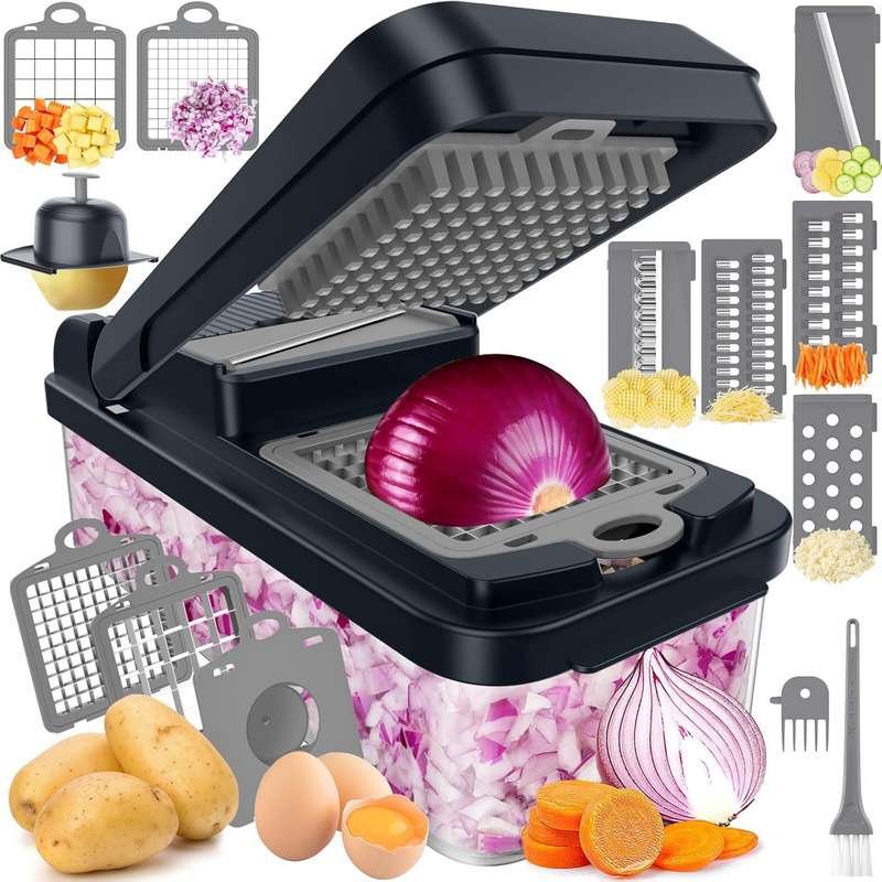 12-in-1 Vegetable Chopper, Kitchen Gadgets, Veggie Chopper, Food Chopper, Onion Chopper, Cucumber Slicer, Versatile Mandoline with 7 Blades, Includes Egg Separator & Finger Guard, Gray