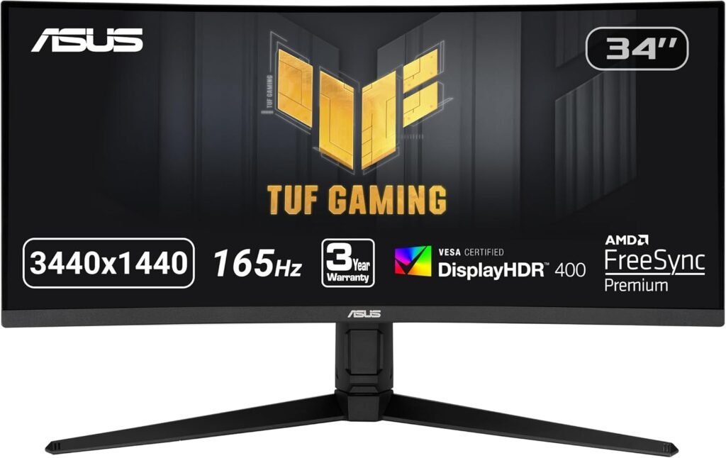 ASUS TUF 34 Inch Curved Gaming Monitor - WQHD (3440x1440), 165Hz, 1ms, Extreme Low Motion Blur, FreeSync Premium, Eye Care, Height Adjustable, DisplayHDR 400, DisplayPort, HDMI, USB - VG34VQL1B