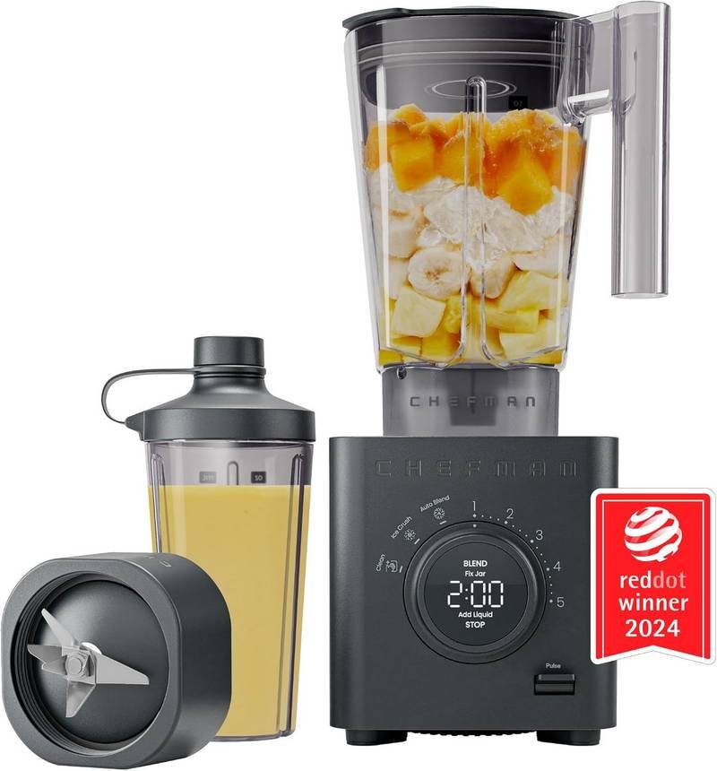Chefman Obliterator 48 oz Countertop Blender for Smoothies, 1380W Motor, Stainless Steel Blade, Auto Blend Function, Includes 20 oz Travel Jar - Midnight
