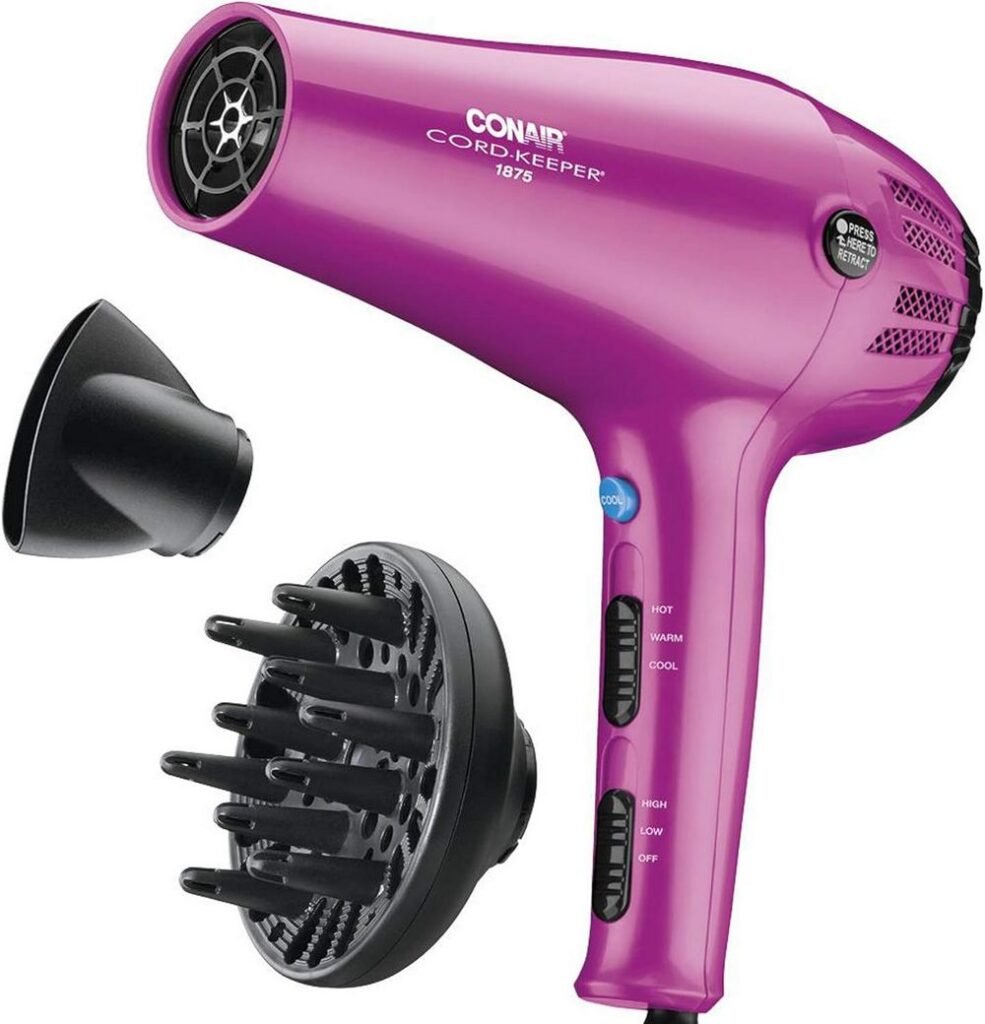 Conair Hair Dryer with Retractable Cord – 1875W, Pink
