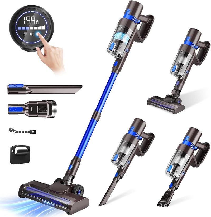Cordless Vacuum Cleaner, 550W 45KPA 45 Mins Self-Standing Vacuum Cleaners for Home, Stick Vacuum with LED Touch Screen & Rechargeable 2500 mAh Battery