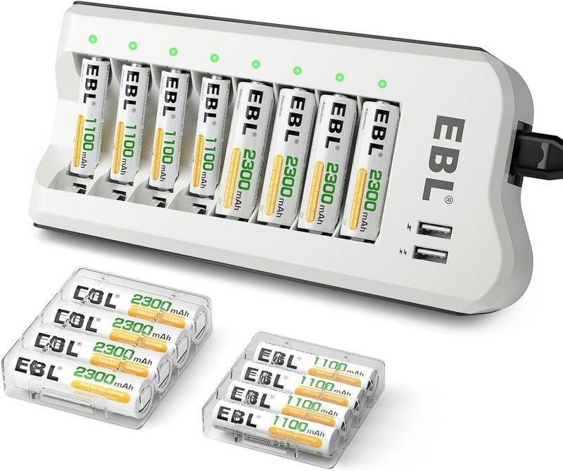 EBL AA 2300mAh (8 Pack) and AAA 1100mAh (8 Pack) Ni-MH Rechargeable Batteries and AA AAA Rechargeable Battery Charger with 2 USB Charging Ports