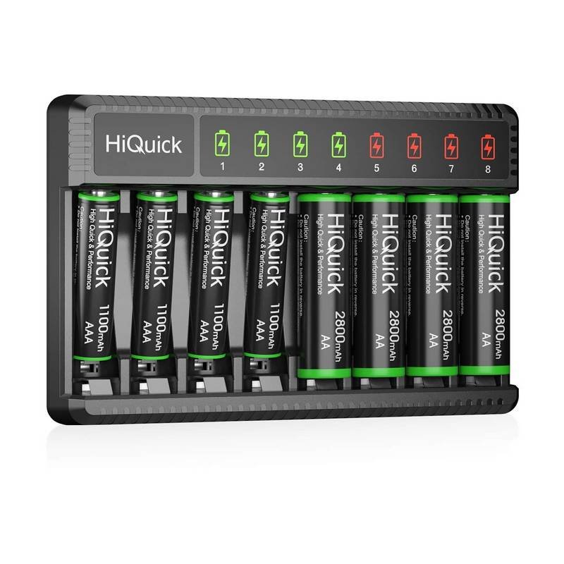 HiQuick 8 Bay Smart Battery Charger with AA & AAA Rechargeable Batteries – Fast Charging Household and 2800mAh Batteries 4 Pack 1100mAh