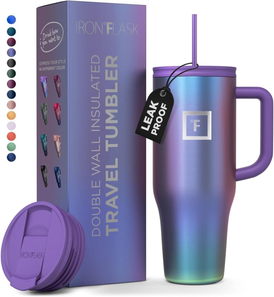 IRON °FLASK Co-Pilot Insulated Mug w Straw & Flip Cap Lids - Cup Holder Bottle for Hot, Cold Drink - Leak-Proof - Water, Coffee Portable Travel Mug - Aurora, 40 Oz