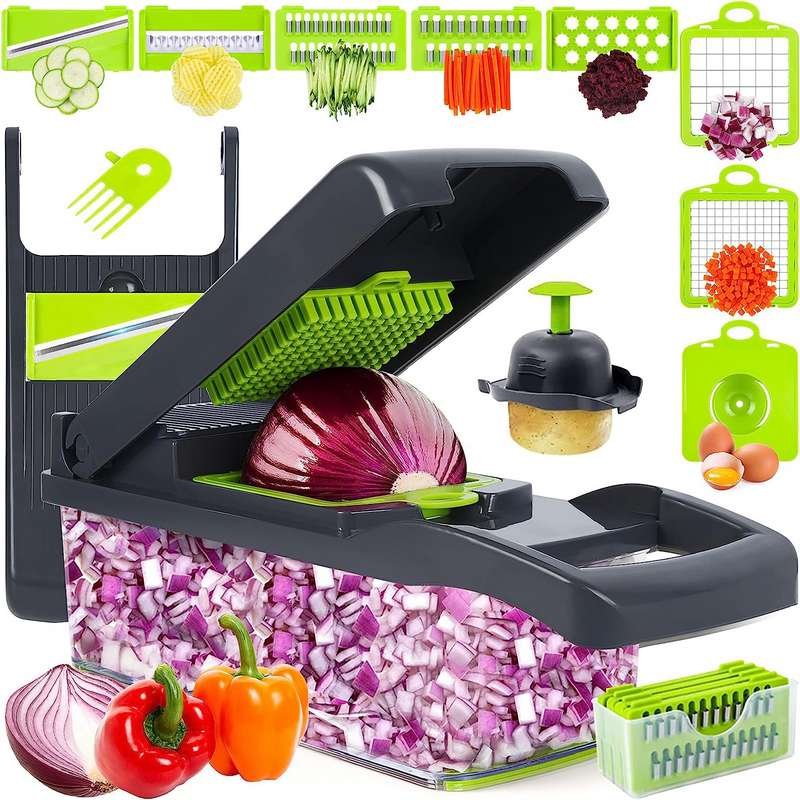 Vegetable Chopper Mandoline Slicer, Veggie Chopper, Multifunctional 10 in 1 Food Choppers, Kitchen Vegetable Slicer Dicer Cutter, Onion Mincer, Cheese Grater, Colander Basket, Kitchen Gadgets (Gray Green)