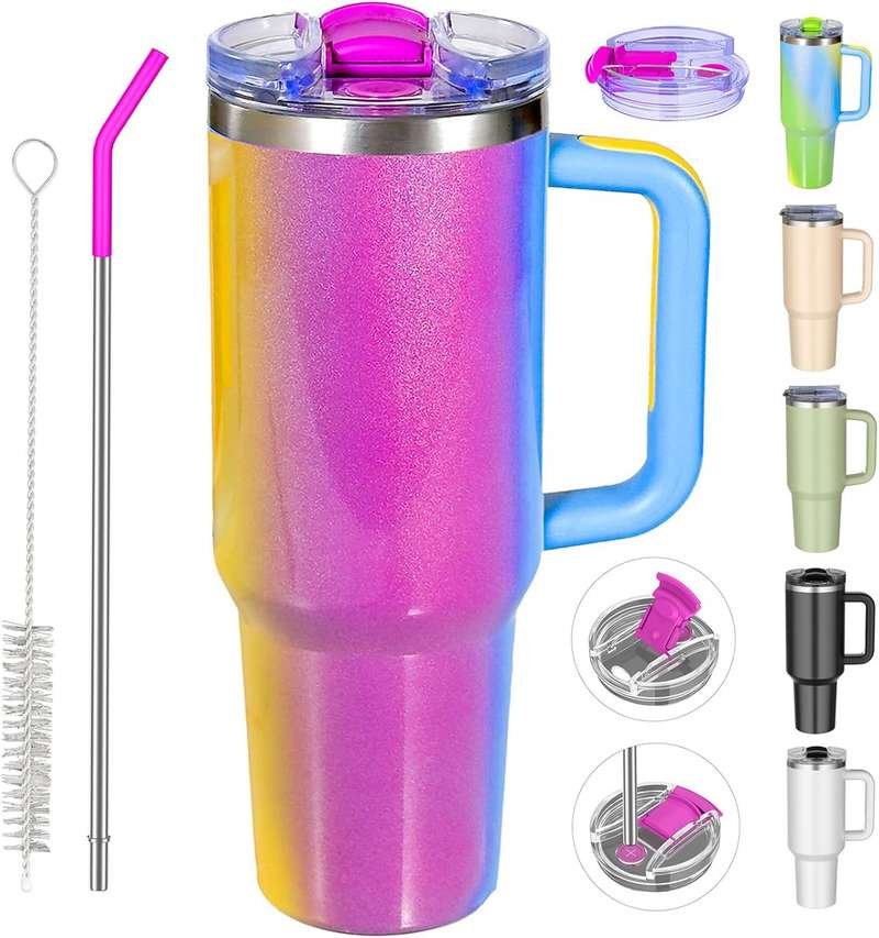 Weisidi 40 oz Tumbler With Handle and Straw, Reusable Stainless Steel Insulated Water Bottle, Cupholder Friendly - Travel Mug Iced Coffee Cup for Hot-Cold Coffee and Beverages (Carnival)
